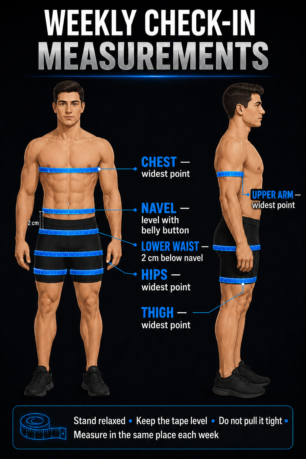 Guide showing where to take weekly body measurements